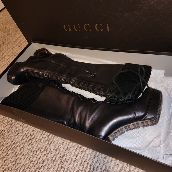 Gucci Saddle Soft/Wool Rib 8.5 Black Boot - Picture 2 of 4